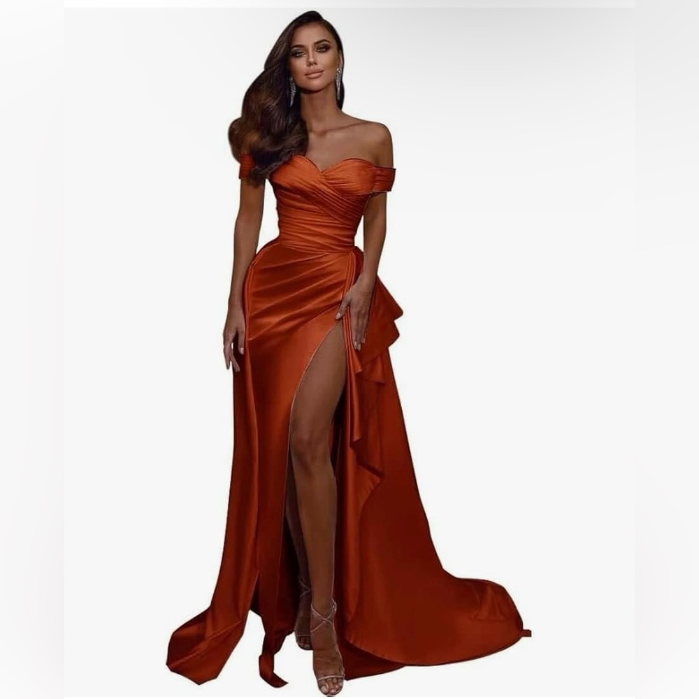 Luxurious Off-the-shoulder burnt orange satin evening gown